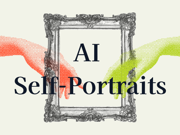 AI Self-Portraits — ornate picture frame with coral and lime halftone hands
